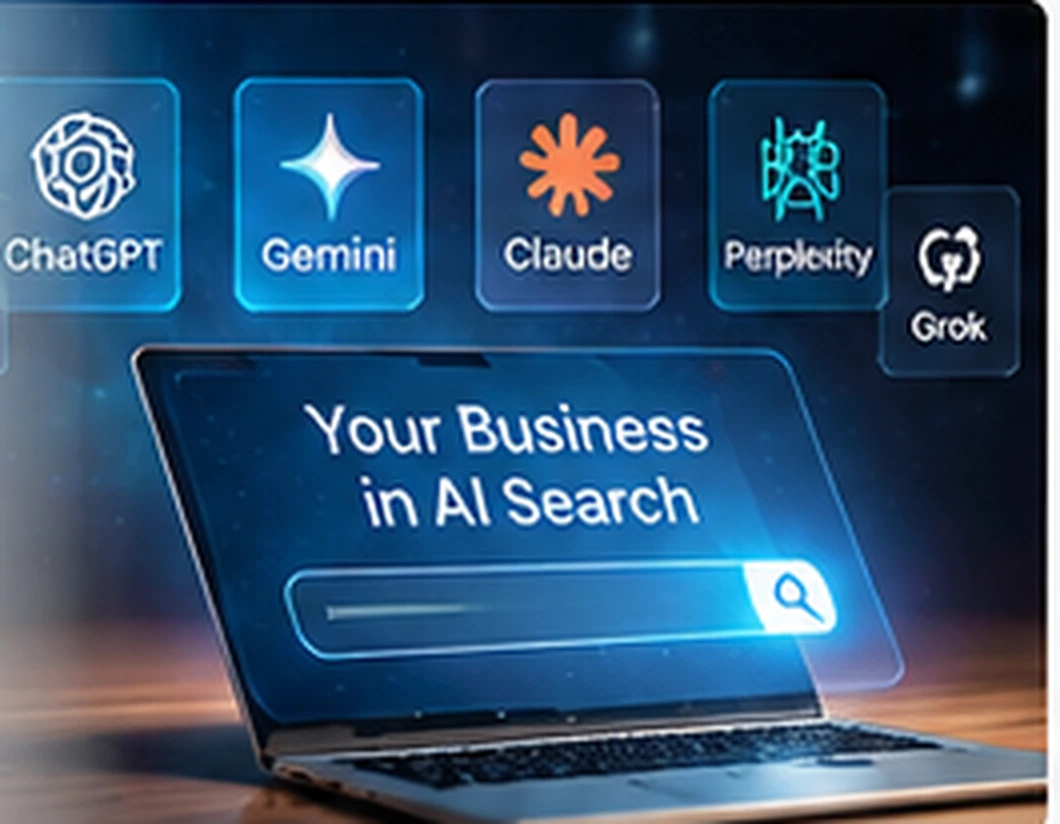 AI search visibility on a laptop with AI platform icons
