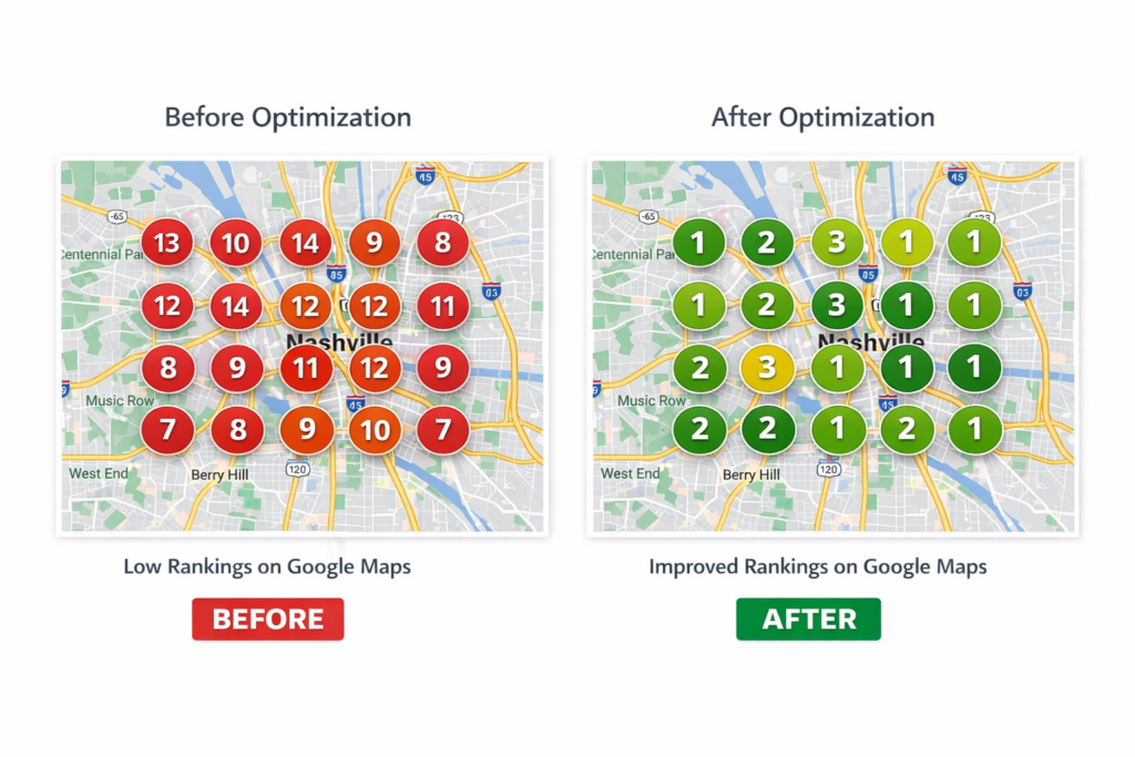 Google Business Profile heat map showing improved Google Maps rankings in Nashville